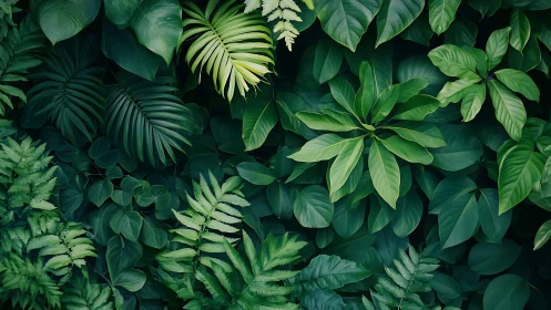 Dense arrangement of layered tropical foliage in green tones.