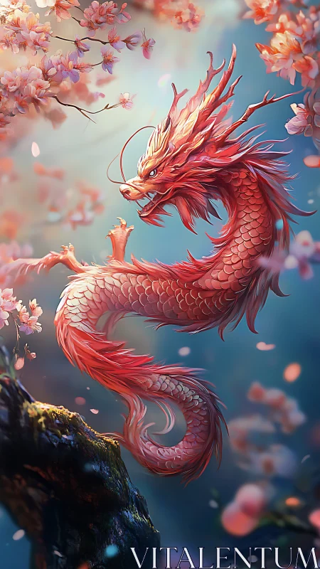 Digital painting of a cherry blossom dragon in vertical flight.