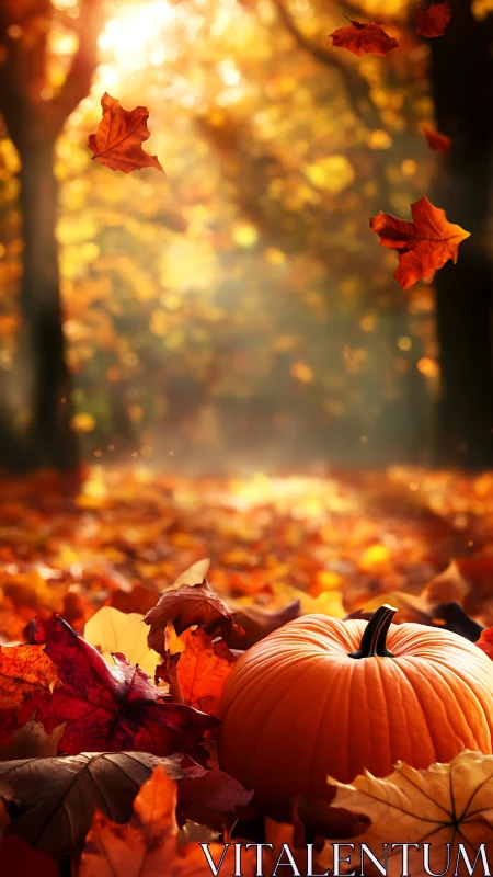 Pumpkin rests on autumn leaves under soft backlit forest glow