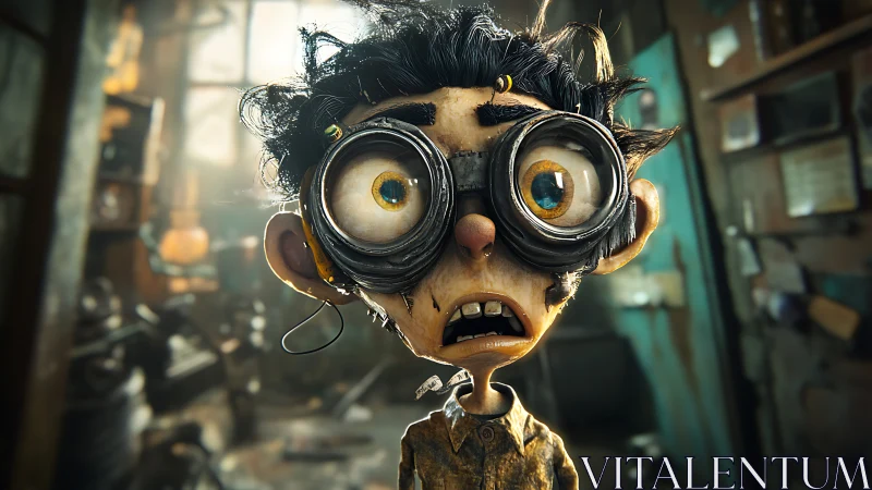Wide-eyed inventor kid in a delightfully messy workshop.