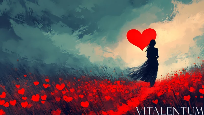 Solitary Figure Amid Red Hearts Field. Digital Art.