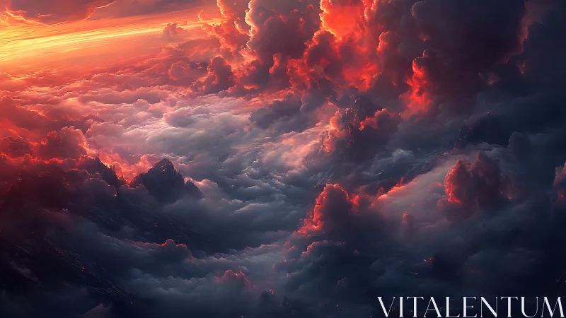 Volcanic storm clouds over ethereal mountain horizon at dusk.