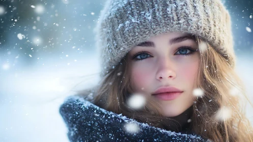 Winter portrait captures serene blue-eyed gaze amid snow.