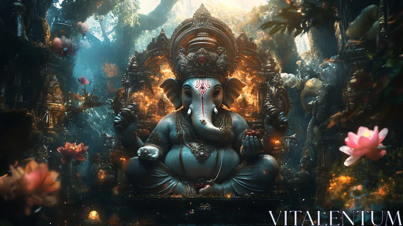 Divine elephant sage glows in a lotus-lit jungle sanctuary.