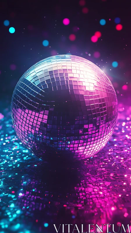 Neon disco ball reflects vibrant magenta and cyan light.