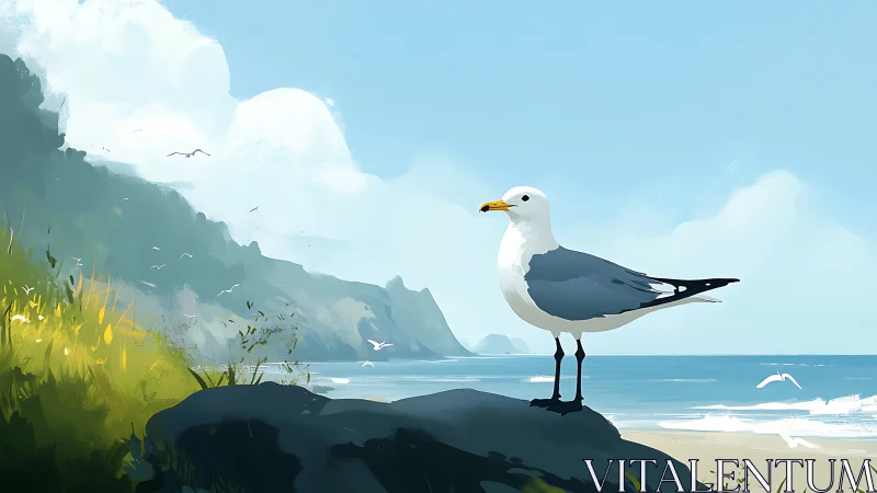 Seagull Perched Above Coastal Cliffs and Ocean.
