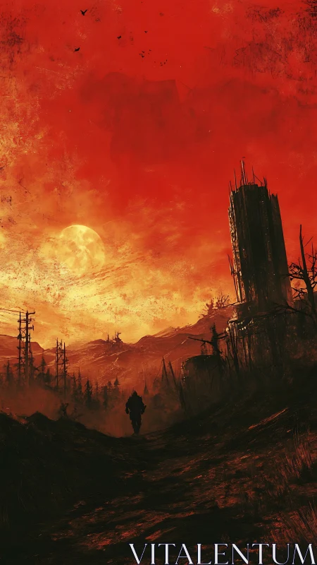 Lone figure crossing red wasteland toward ruined tower.