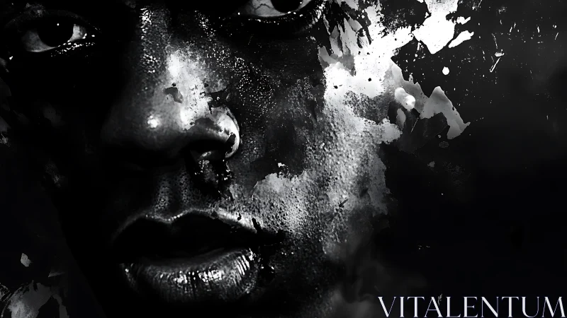High-contrast monochrome portrait dissolving into abstract splatter
