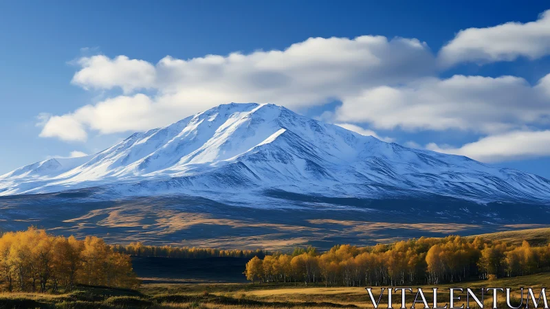 Photorealistic alpine massif with autumn valley tree banding.