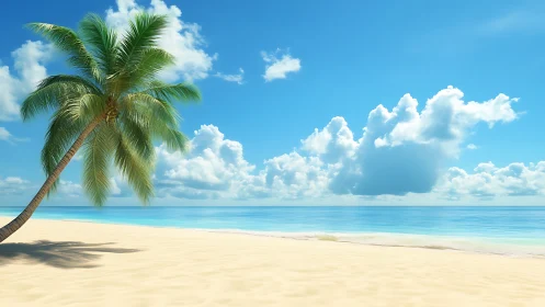 Solitary Palm Bends Over Paradise Beach.