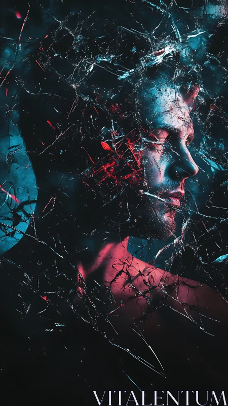 Fragmented male portrait rendered in neon cyan and crimson light