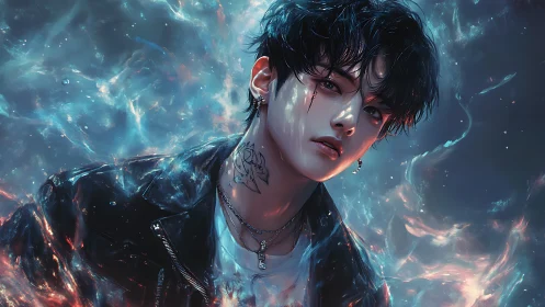 Neon-lit rebel portrait within swirling cosmic auroras.