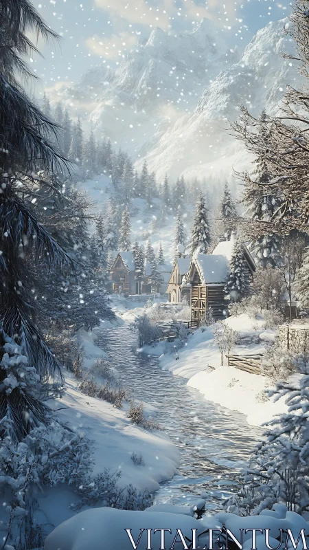 Snow-covered alpine village and stream under distant peaks