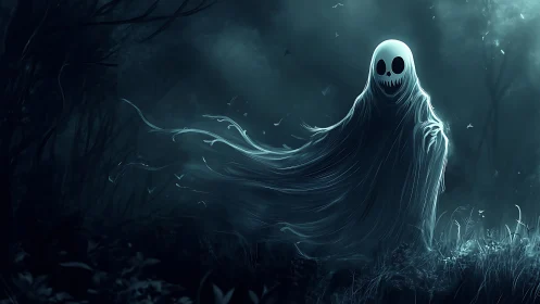 Ghostly figure drifting through dark misty forest at night.