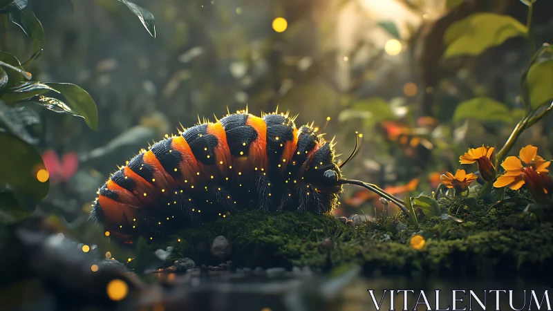 Bioluminescent caterpillar glowing in lush forest twilight.