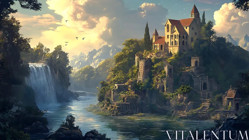 Medieval Castle in Enchanted Valley with Waterfall.