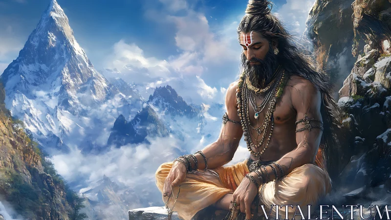 Mountain sage in deep meditation above drifting clouds.