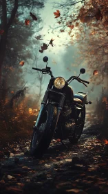 Vintage motorcycle rests on misty forest trail at dusk.