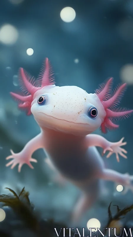 Photorealistic pink axolotl floating in soft bokeh water.