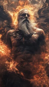 Elder ember angel ascends through storm-forged cosmic fire.