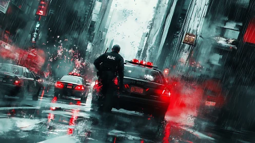 Rain-slicked sirens carve neon streaks through the city storm