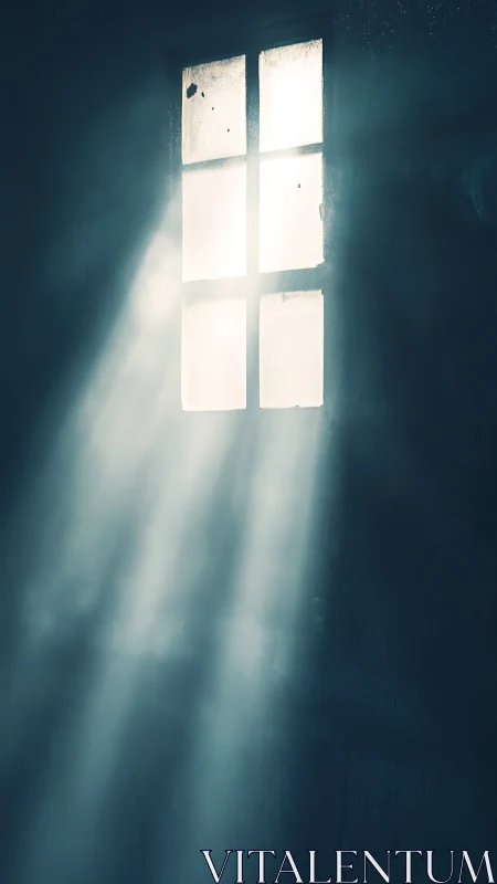 Sunlight passes through dusty six-pane window in darkness