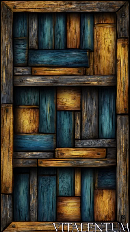 Rustic blue and gold wooden plank panel wall artwork.