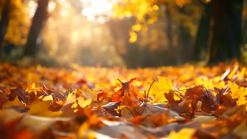 Golden autumn leaves covering forest floor in sunlight.