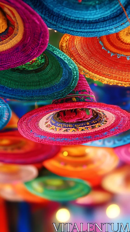 Suspended woven sombreros in vivid festival color cascade.