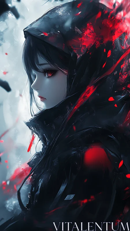 Hooded anime assassin in crimson-black atmospheric contrast