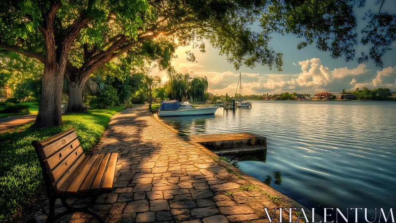Golden hour harbor walk with quiet bench and gentle boats.