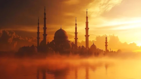 Golden sunrise mosque rising softly from glowing mist.