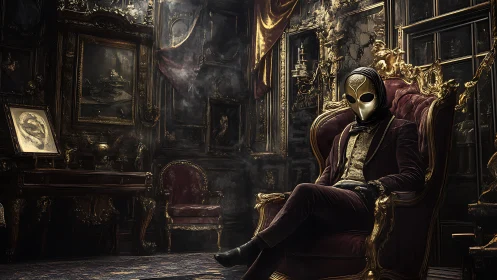 Gilded alien aristocrat brooding in baroque shadowed parlor.