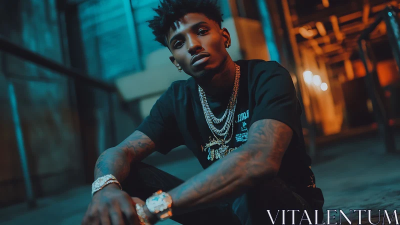 Neon-lit street style portrait in a moody city alleyway.