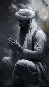 Kneeling turbaned elder in monochrome spiritual haze.