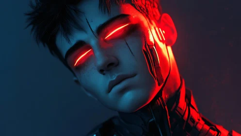 Cybernetic youth portrait with red illuminated eye slits.