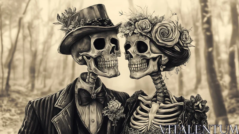Eternal skeleton couple shares a whimsical woodland moment