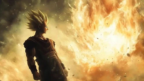 Spiky haired figure stands before large explosive fireball