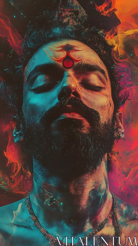 Digital painting portrait of mystic figure in fiery dual lighting.