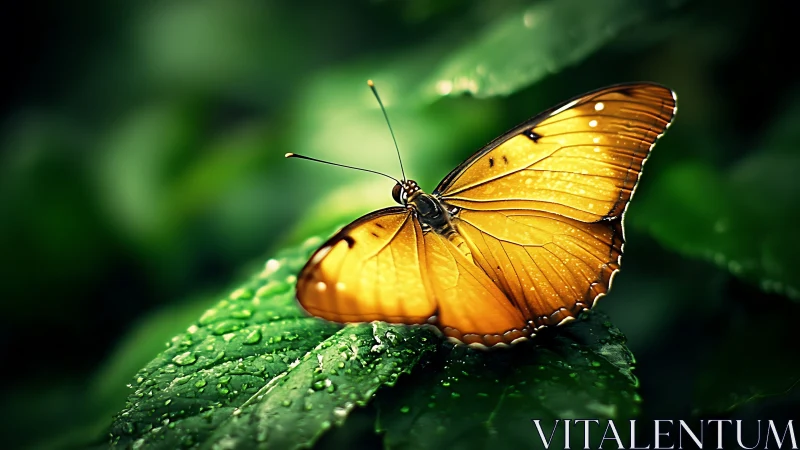 Orange butterfly rests on wet green leaf in sharp close-up