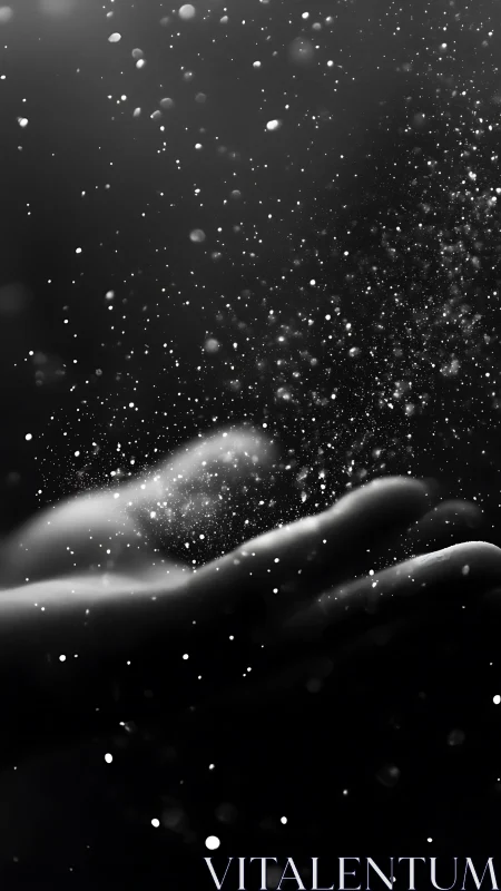 Stardust pours through open fingers in soft monochrome hush