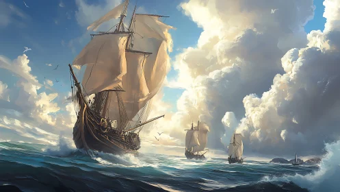 Storm-bound galleons cut luminous waves beneath titanic clouds.