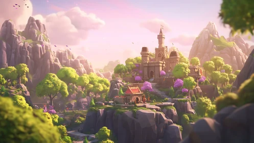 Fantasy castle surrounded by rocky cliffs and blooming trees