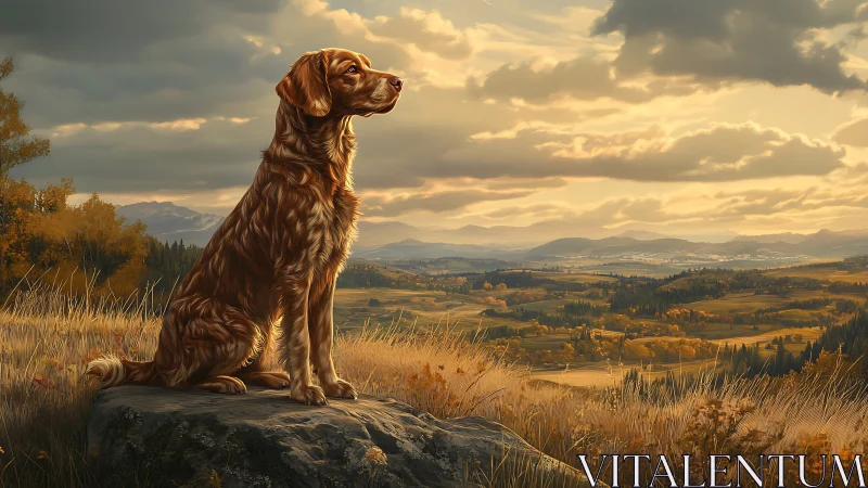 Dog sits on rock overlooking expansive rural valley at sunset