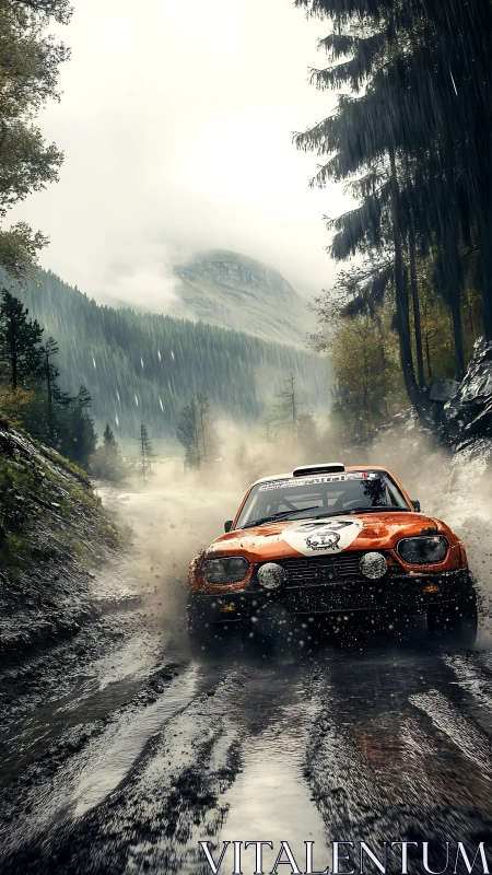 Orange rally car powers through wet forest dirt road