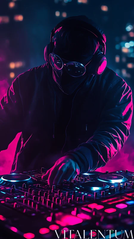 Masked DJ operates illuminated mixer in neon cityscape