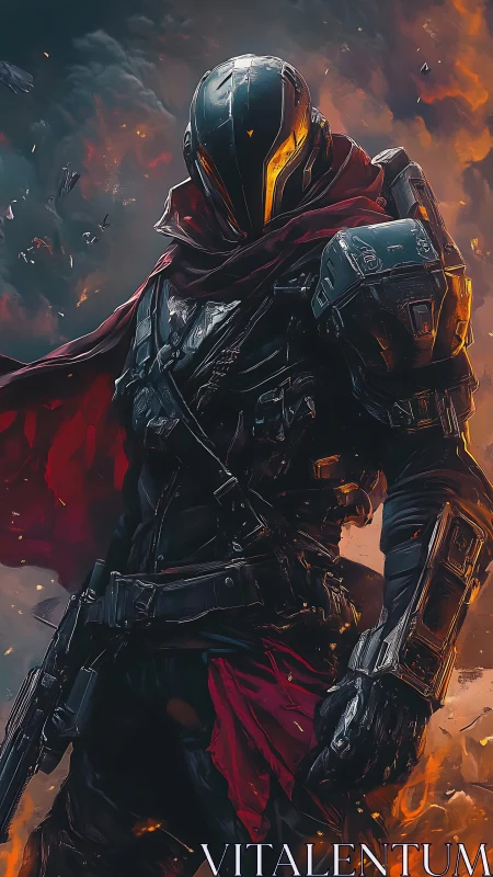 Fearless sci fi warrior striding through molten twilight.