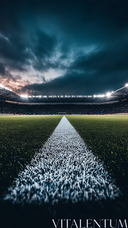 Floodlit soccer stadium centers on dramatic midfield line.