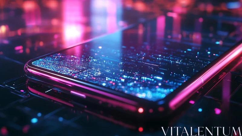 Neon-lit smartphone surface visualizes dense quantum data grid
