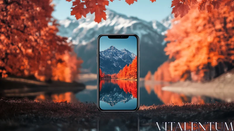 Phone window into a cozy lake framed by fiery autumn trees.